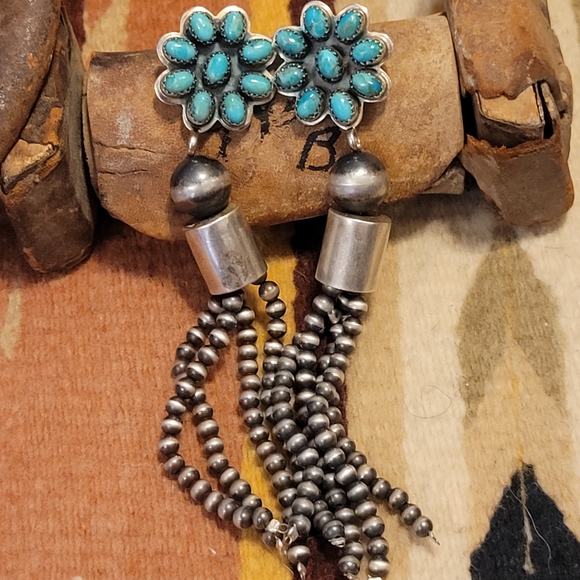 Turquoise Flower Cluster Tassel Earrings - Silver Bead Dangles